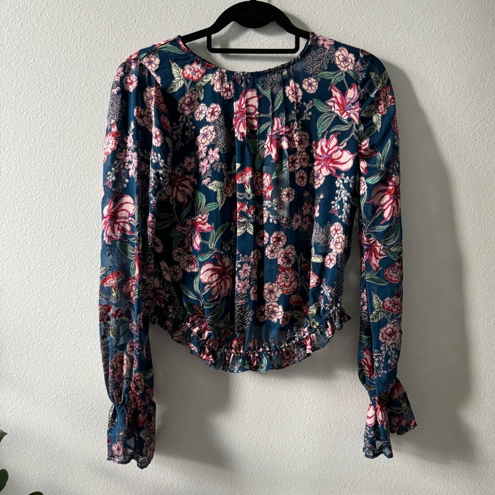 For Love and Lemons Floral Velvet Blouse Blue XS